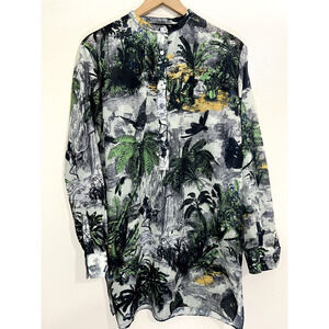 Beulah Tunic Blouse L Tropical Rainforest Birds Boho Resort Nature Art Chic